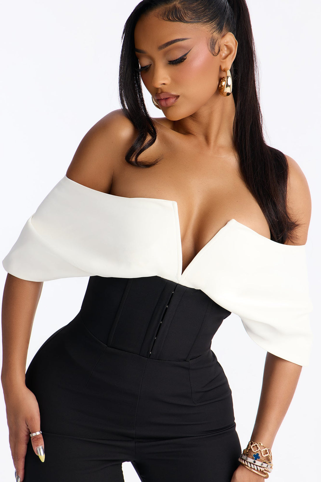 Kyla Off Shoulder Corset Jumpsuit - Black/White