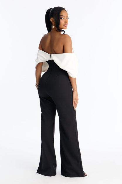 Kyla Off Shoulder Corset Jumpsuit - Black/White