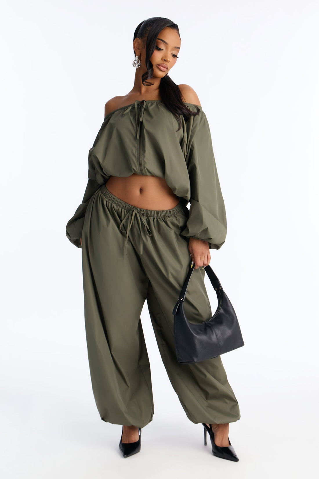 Whitney Windbreaker Balloon Pant Set - Olive