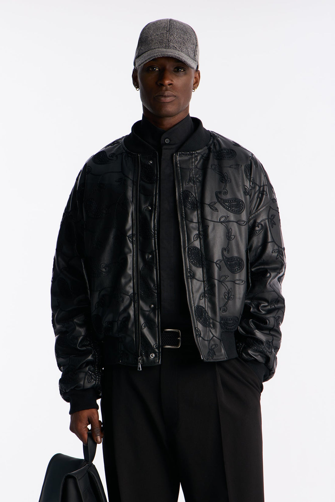 Oversized Faux Leather Paisley Embroidered Bomber Jacket - Black