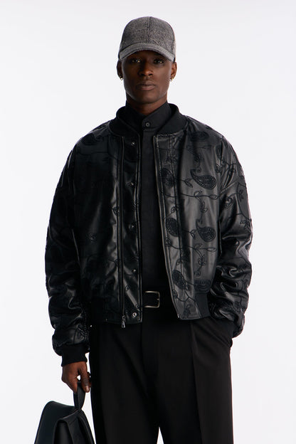 Oversized Faux Leather Paisley Embroidered Bomber Jacket - Black