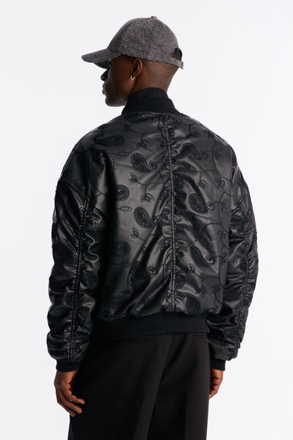 Oversized Faux Leather Paisley Embroidered Bomber Jacket - Black