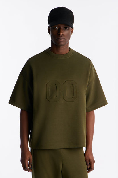 Structured Fleece Embossed Number Tee - Olive