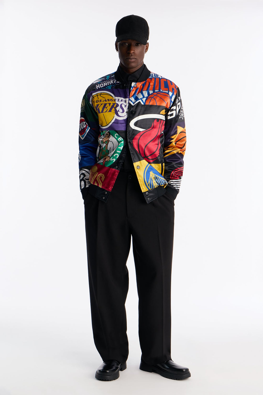 NBA League All Over Print Satin Varsity Jacket - Black