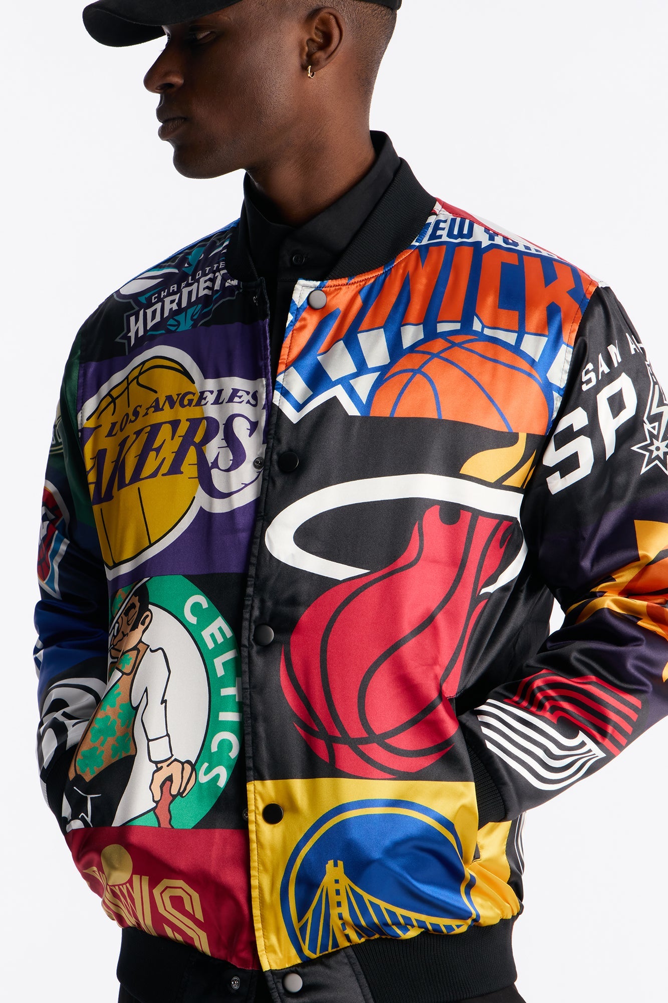 NBA League All Over Print Satin Varsity Jacket - Black