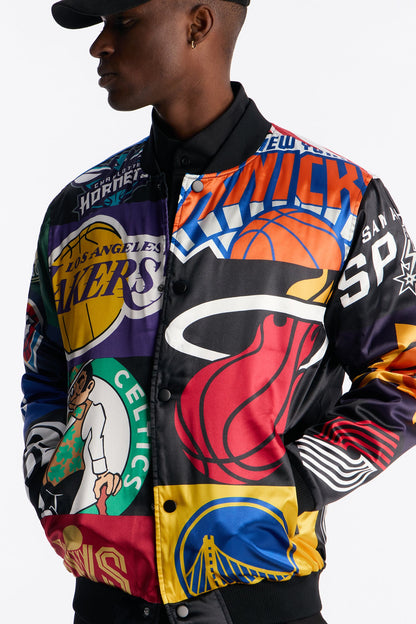 NBA League All Over Print Satin Varsity Jacket - Black