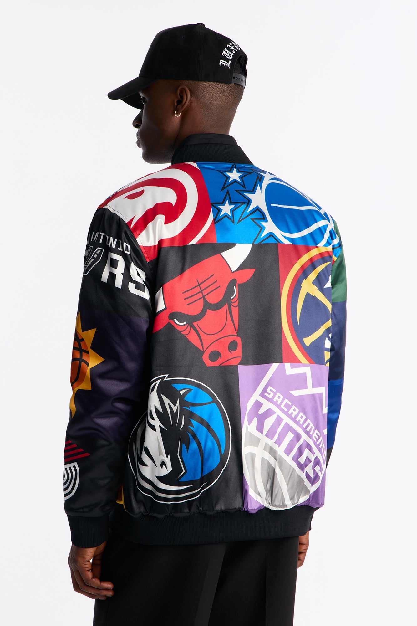 NBA League All Over Print Satin Varsity Jacket - Black