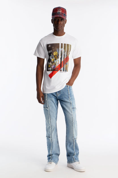 Stacked Skinny Flare Frayed Along Panel Jean - Medium Blue Wash