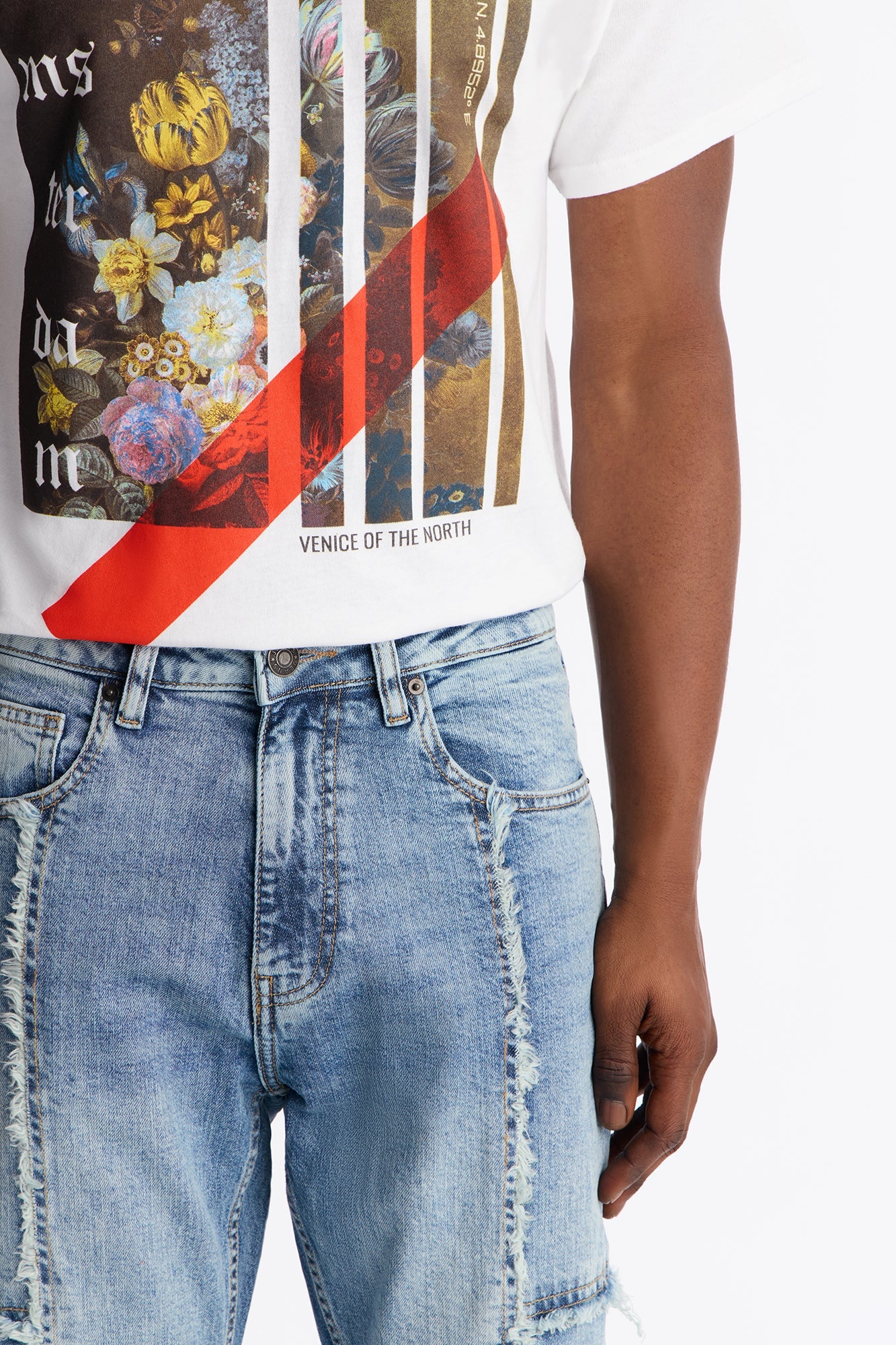 Stacked Skinny Flare Frayed Along Panel Jean - Medium Blue Wash