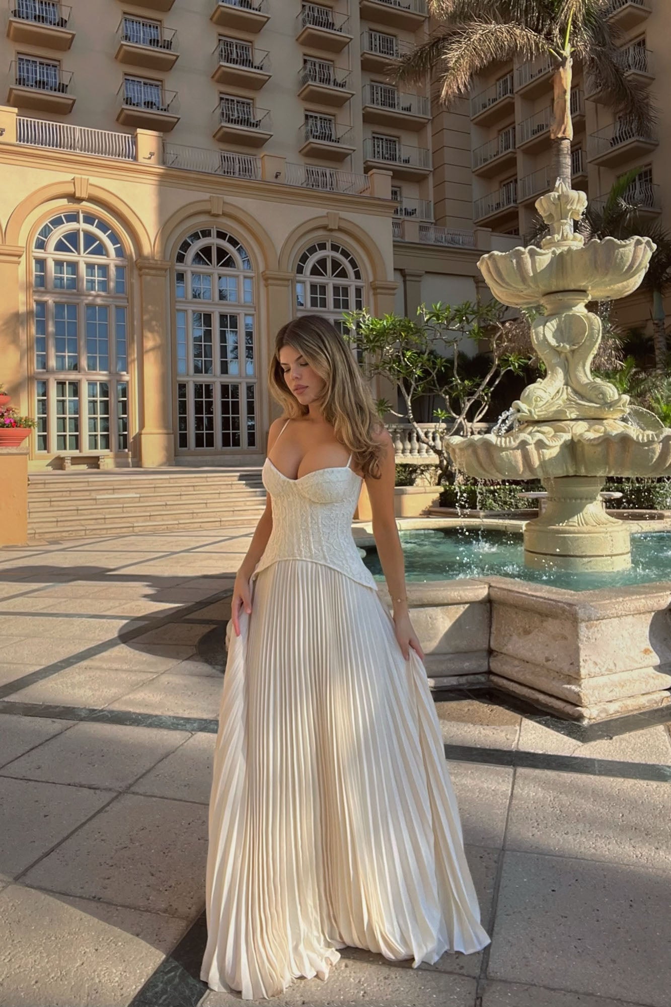 Daniella Lace Corset Pleated Maxi Dress - Cream