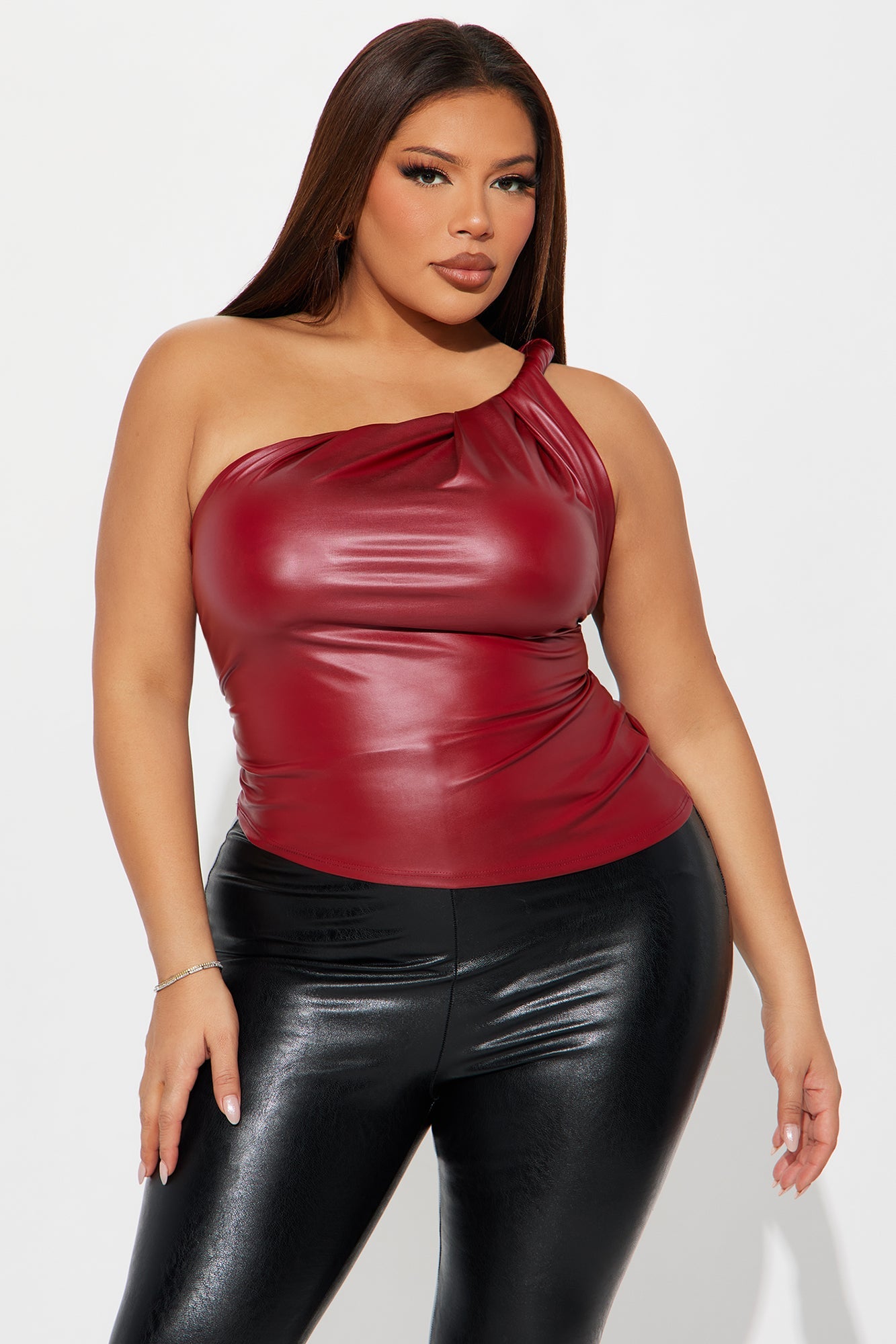 Fable Faux Leather One Shoulder Top - Burgundy