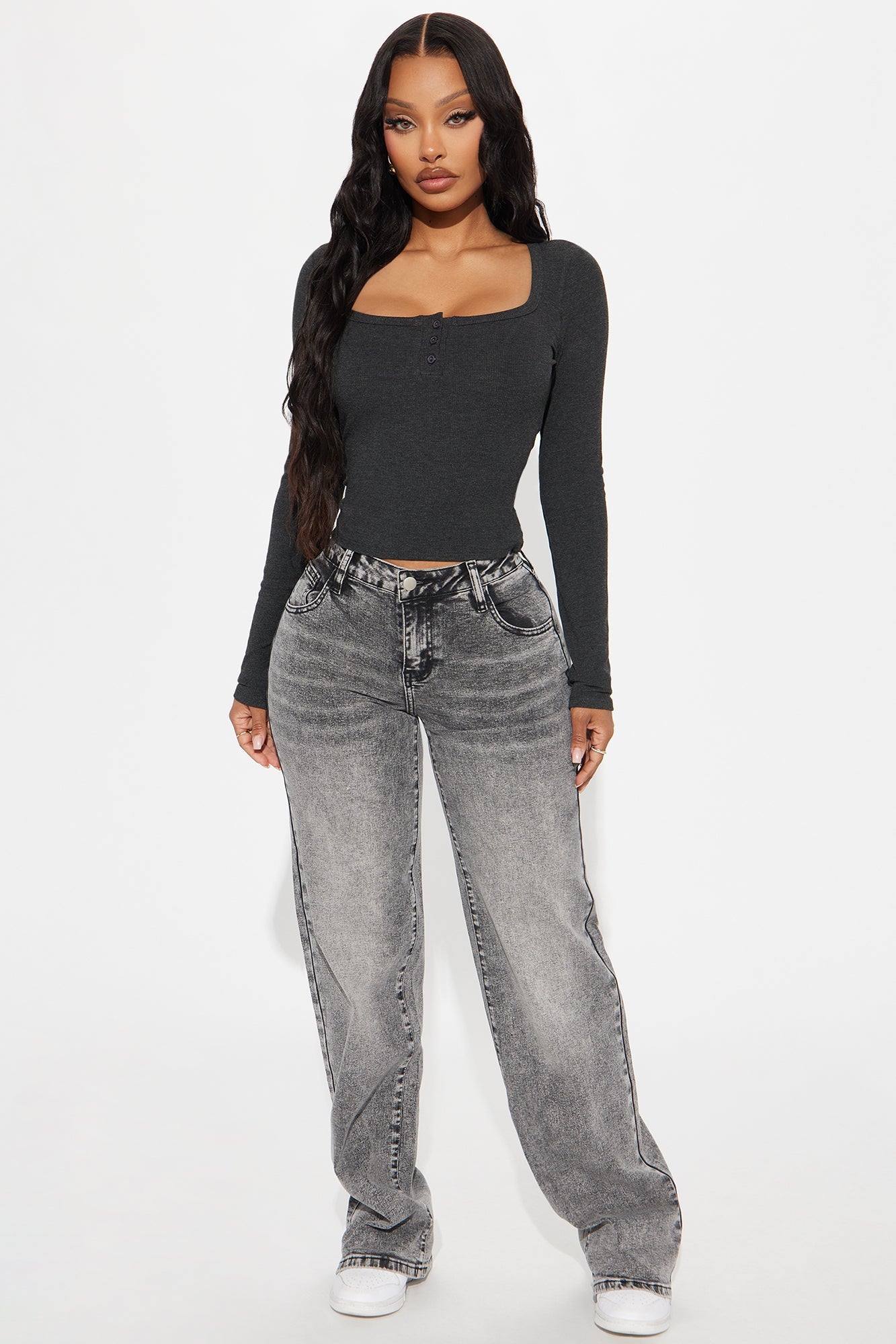 Stephanie Henley Long Sleeve Top - Charcoal