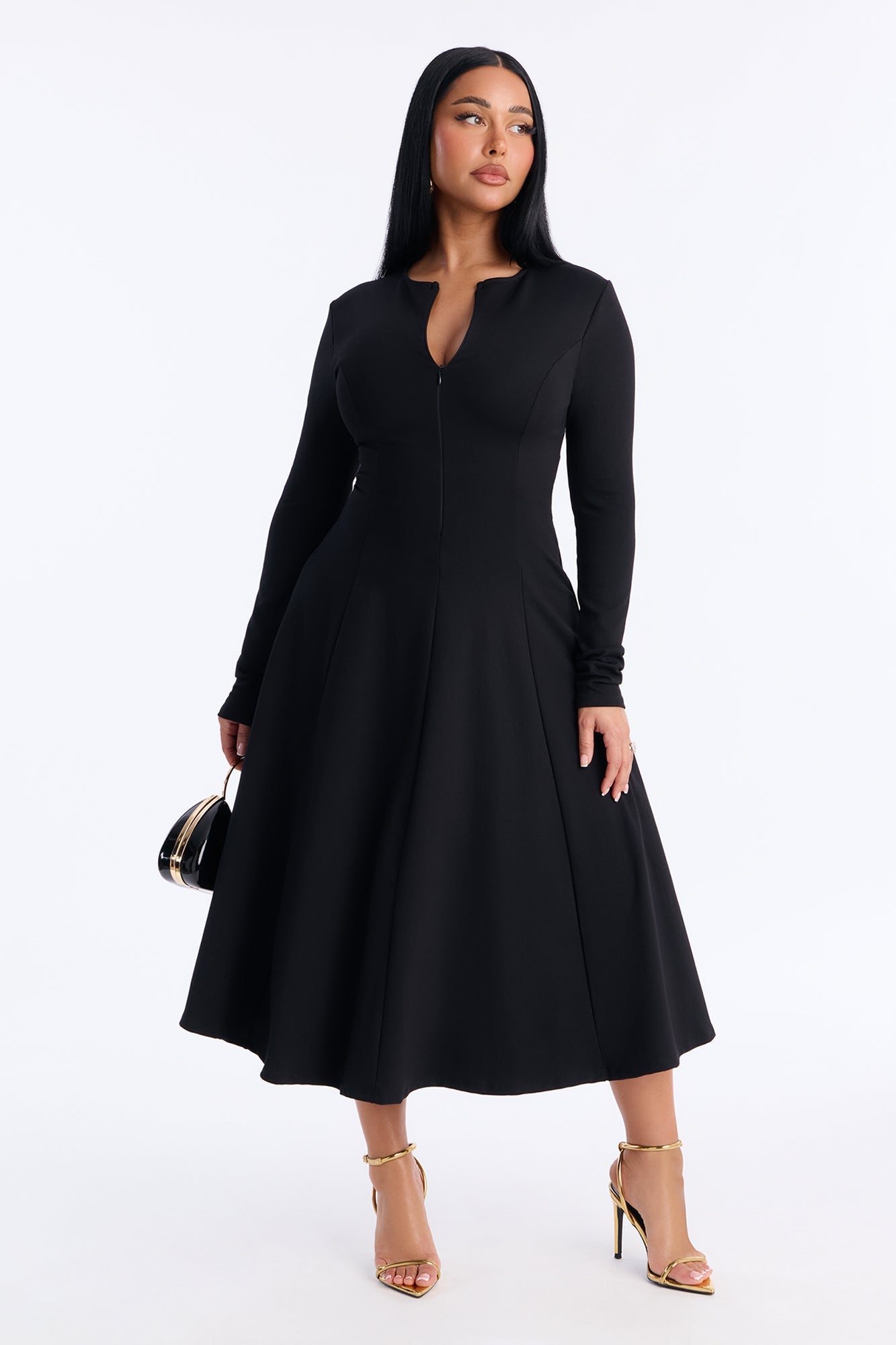 Elliana Zip Pleated Midi Dress - Black