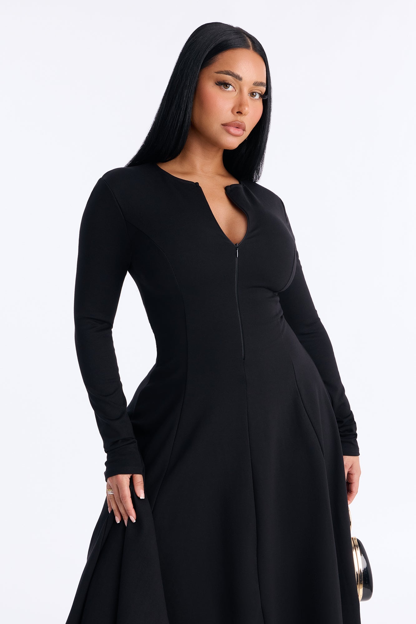 Elliana Zip Pleated Midi Dress - Black