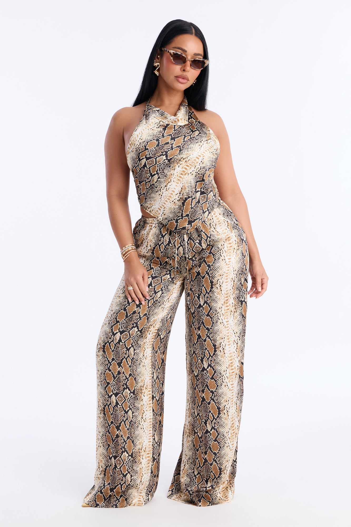 Kaylee Satin Snake Print Pant Set - Black/combo