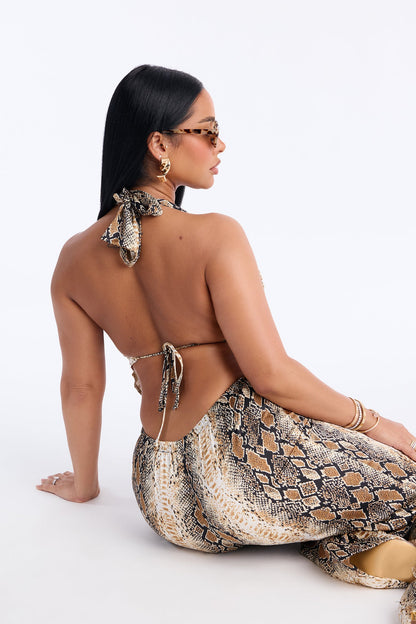 Kaylee Satin Snake Print Pant Set - Black/combo