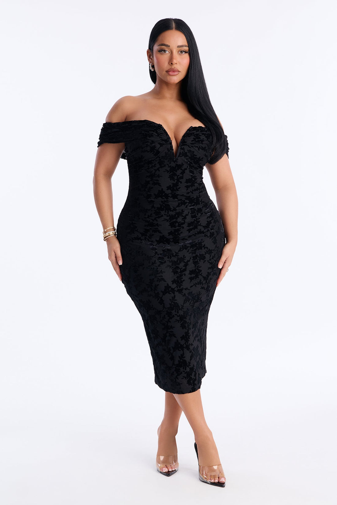 Milena Flocked Mesh Midi Dress - Black