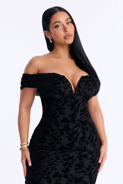 Milena Flocked Mesh Midi Dress - Black