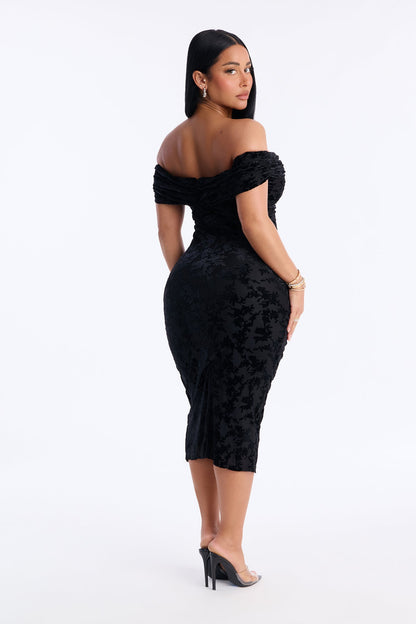 Milena Flocked Mesh Midi Dress - Black