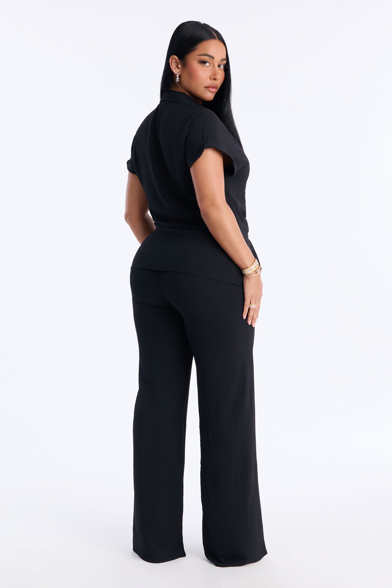 Makela Tie Front Wide Leg Pant Set - Black
