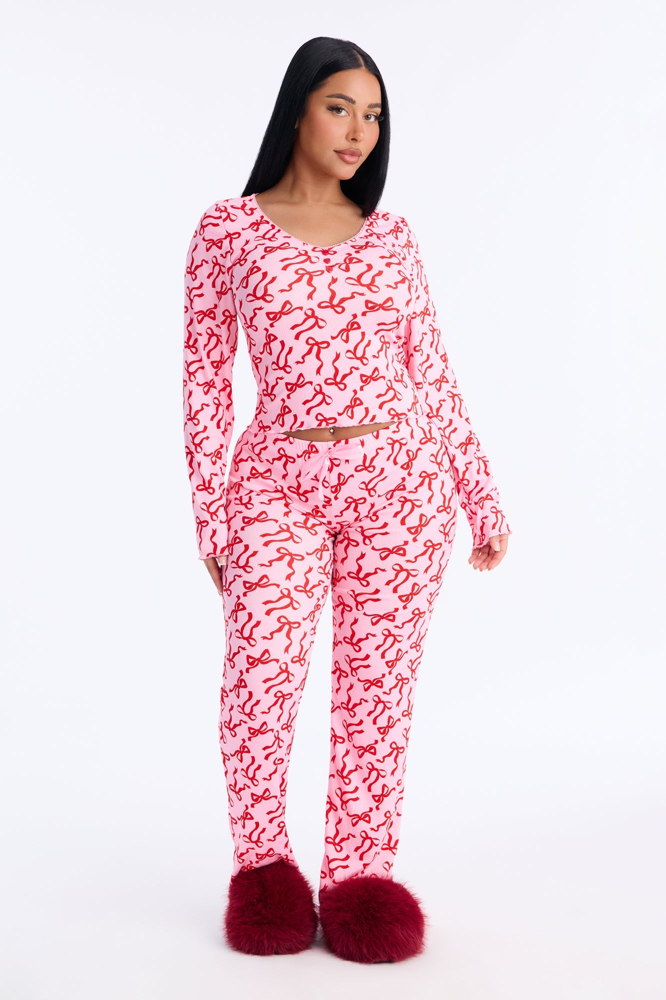 What A Cutie Pointelle Long Sleeve PJ Pant Set - Hot Pink/combo