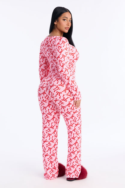 What A Cutie Pointelle Long Sleeve PJ Pant Set - Hot Pink/combo