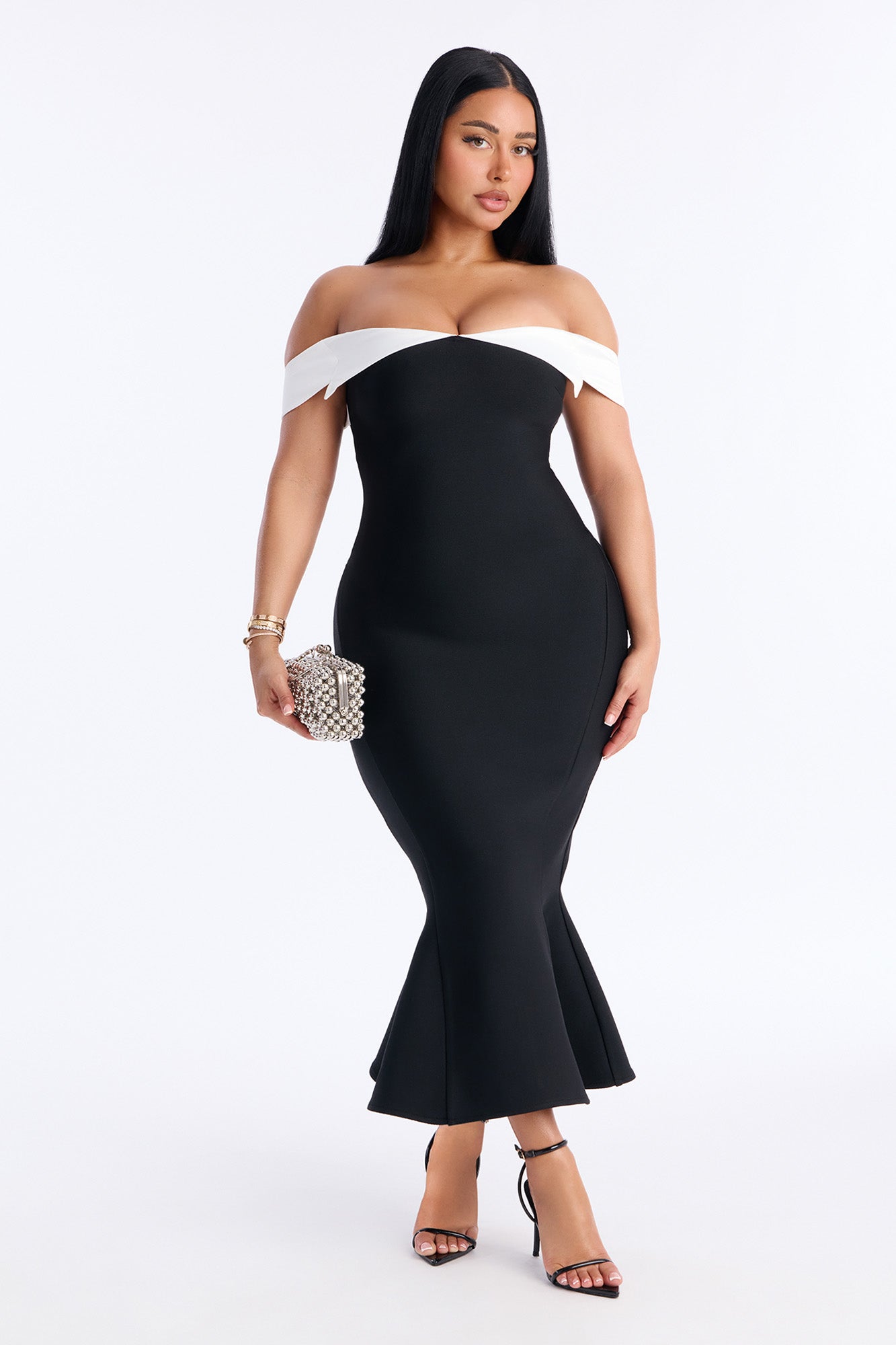 Estee Mermaid Bandage Midi Dress - Black/White