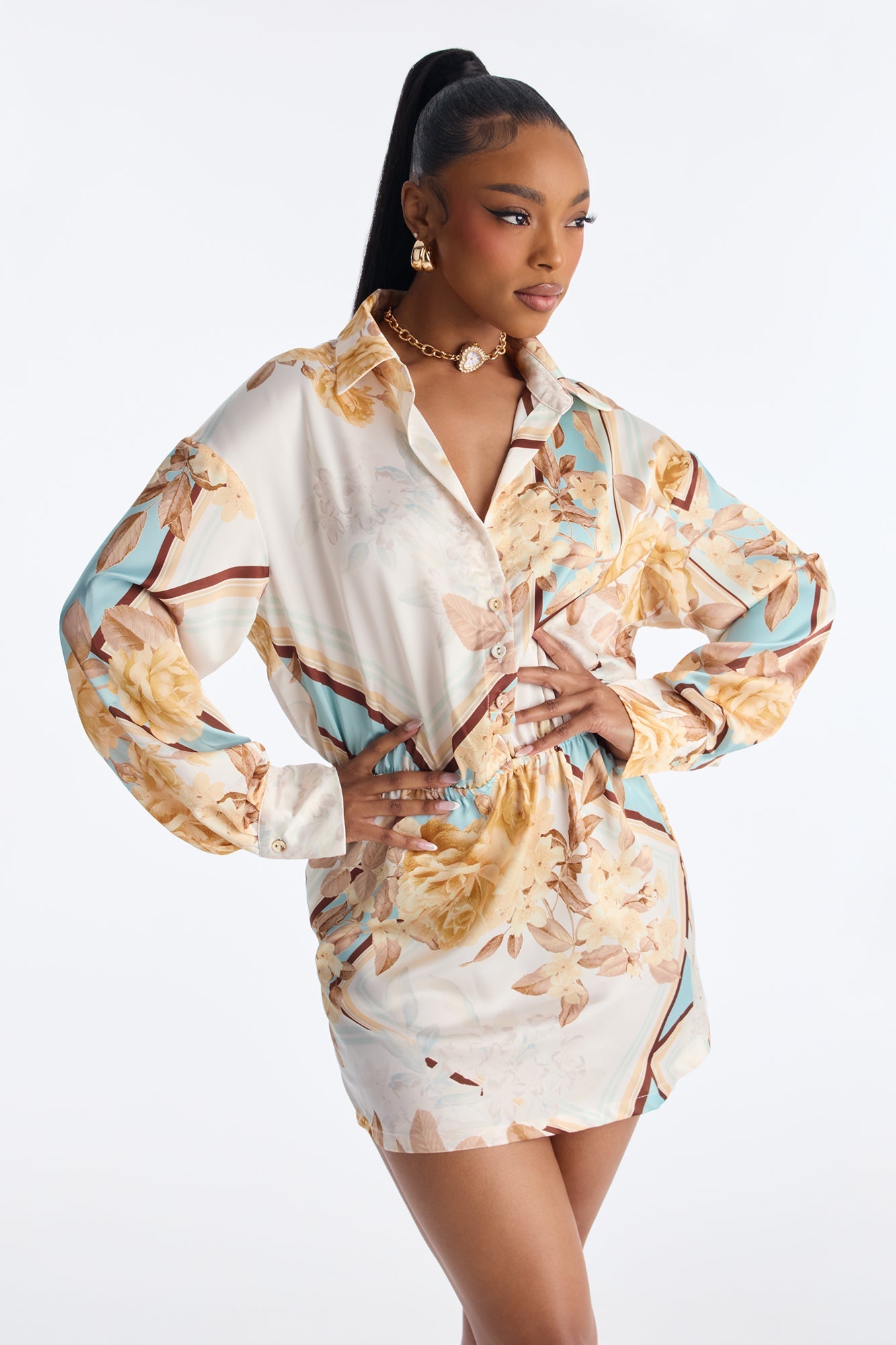 Madeleine Long Sleeve Satin Mini Dress - Ivory/combo