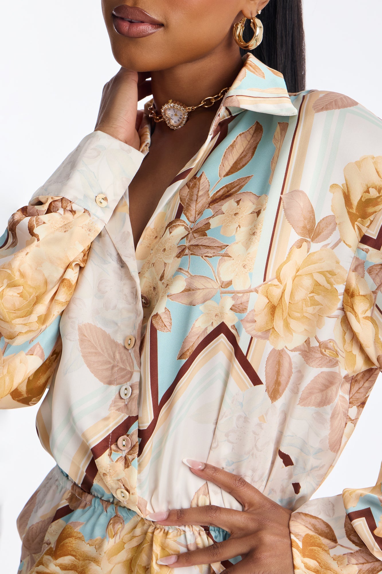 Madeleine Long Sleeve Satin Mini Dress - Ivory/combo