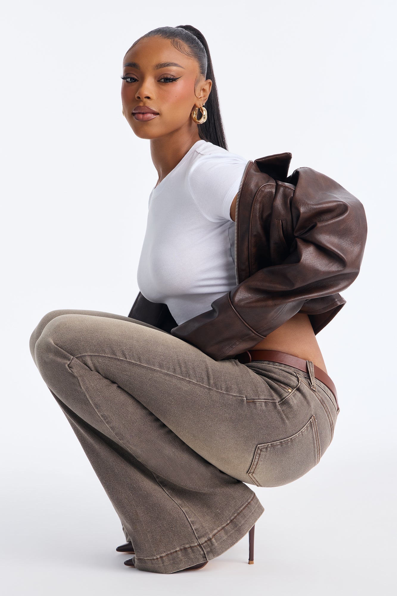 Biggest Crush Belted Stretch Flare Jeans - Brown