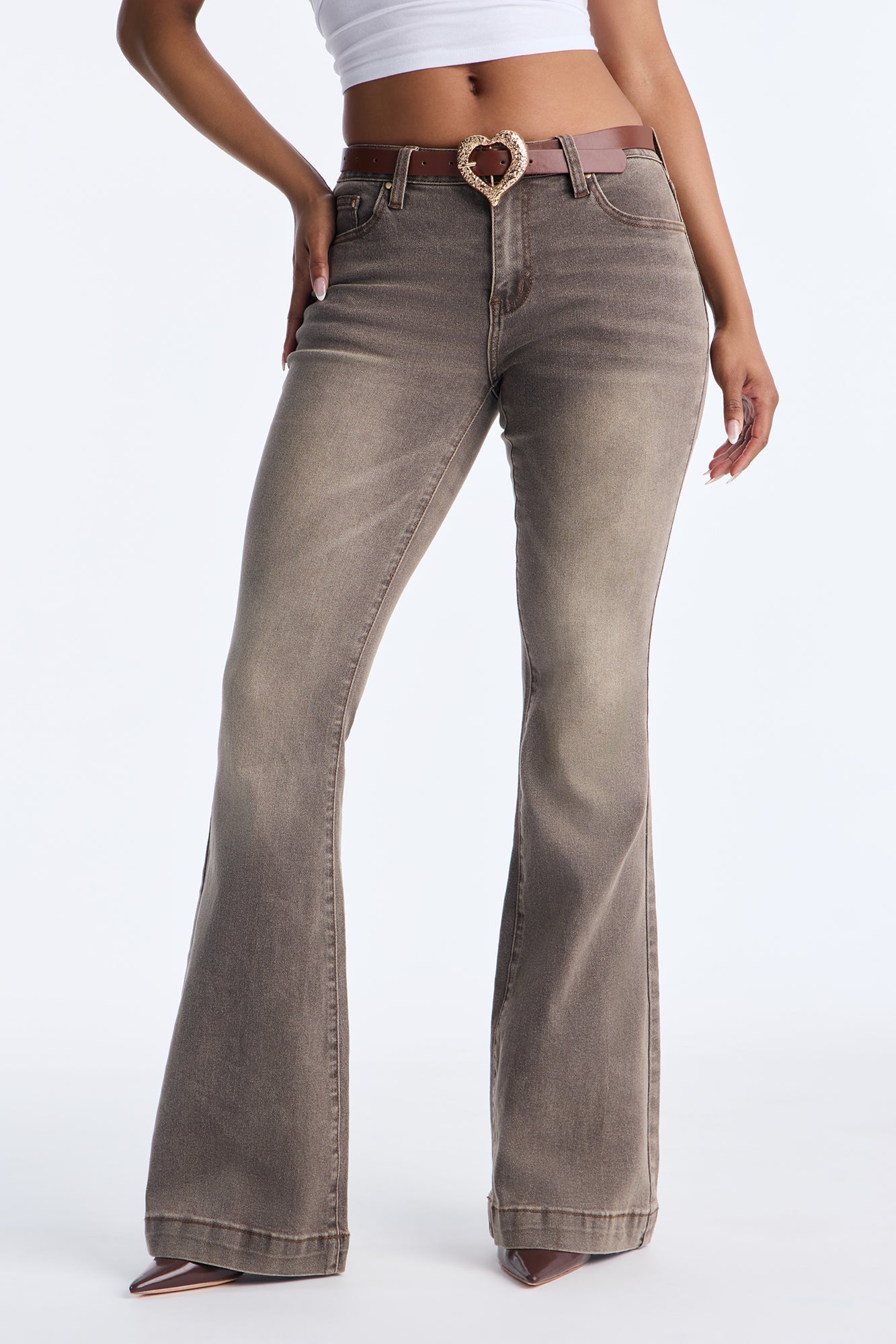 Biggest Crush Belted Stretch Flare Jeans - Brown