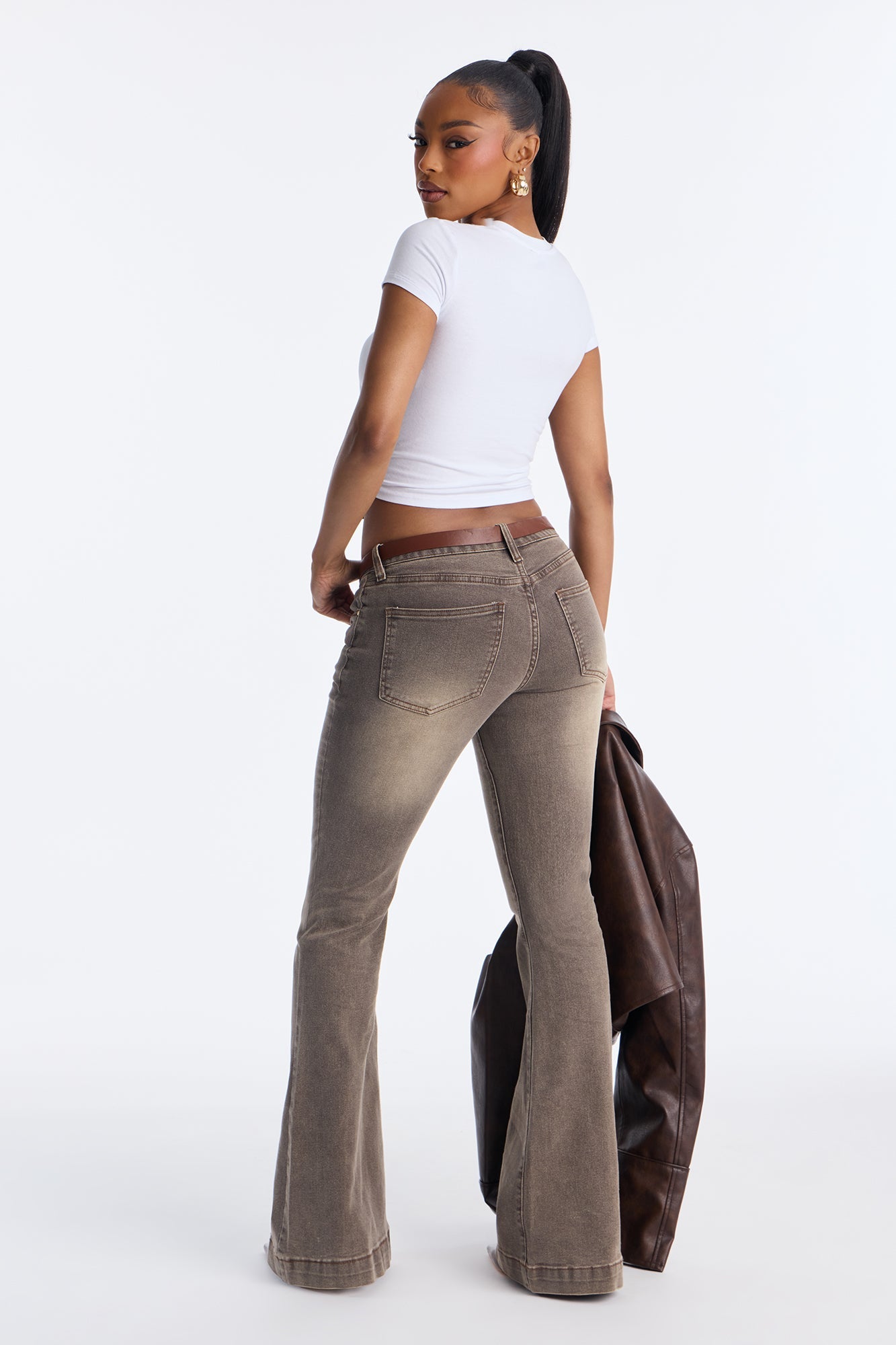 Biggest Crush Belted Stretch Flare Jeans - Brown