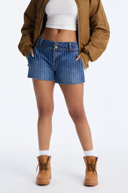 Legendary Low Waist Cut Off Striped Denim Shorts - Dark Wash