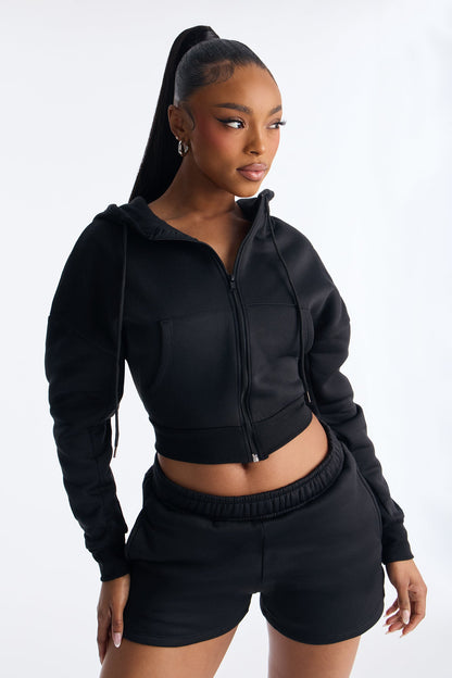 Nadine Fleece Zip Up Hoodie Short Set - Black
