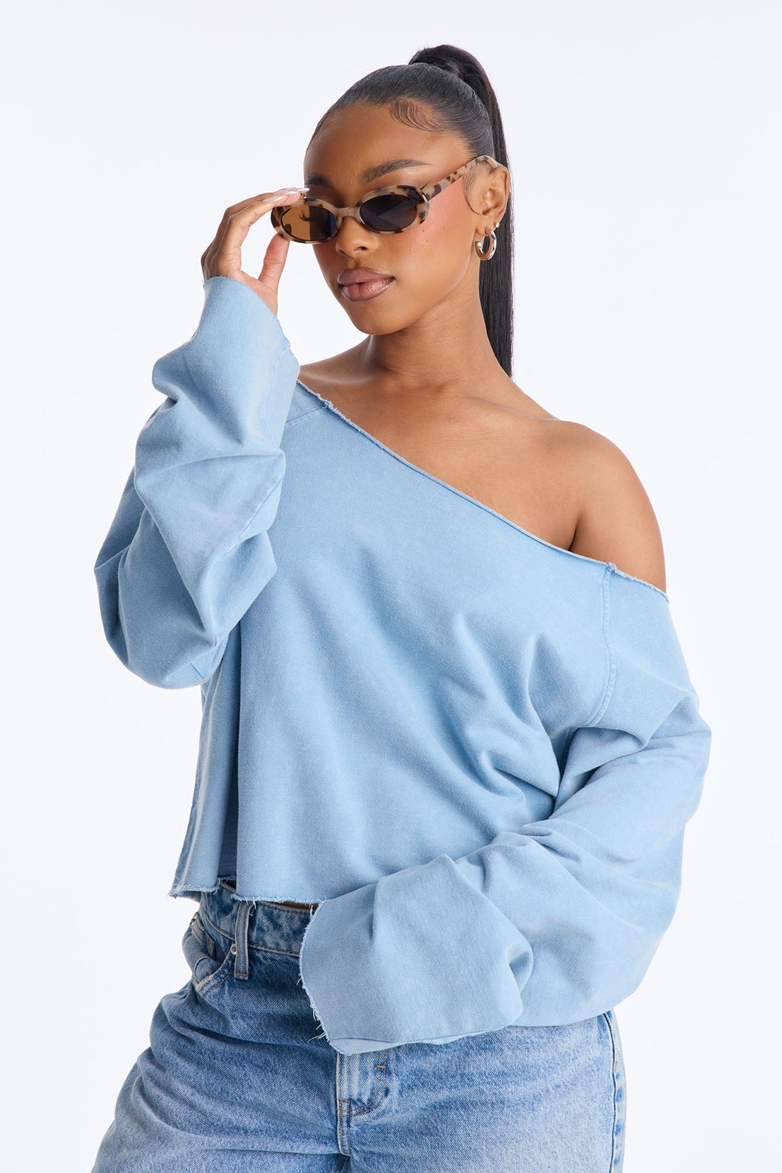 Keep It Cute Off Shoulder Sweatshirt - Blue