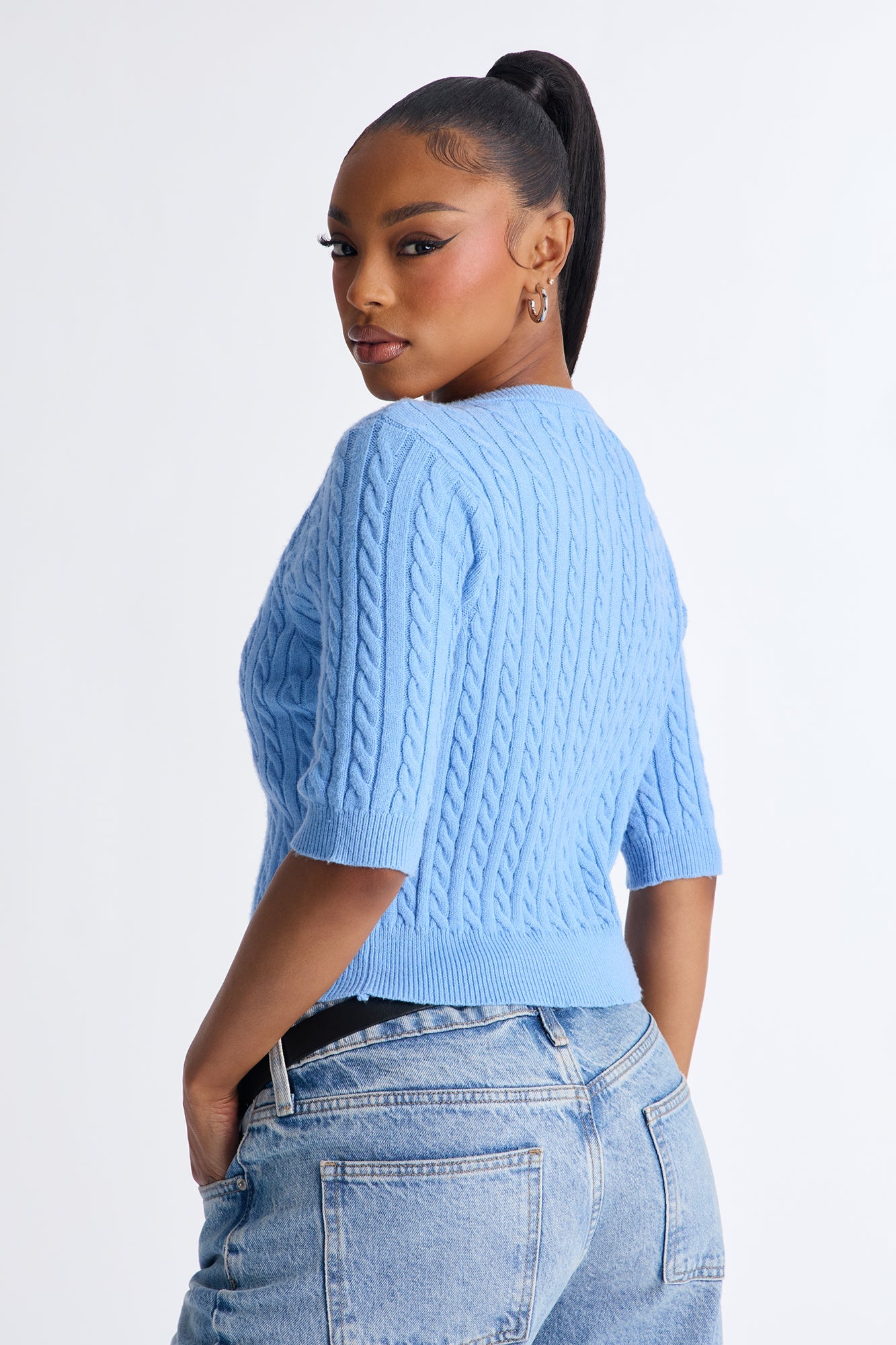 Elowen Short Sleeve Cable Knit Cardigan - Blue