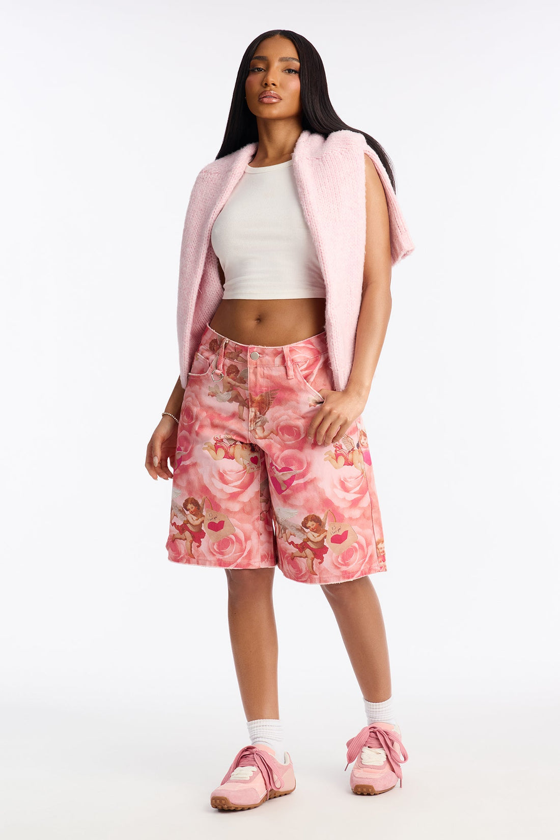 P.S. I Love You Cherub Printed Denim Jorts - Pink/combo