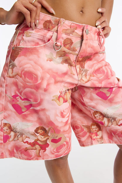 P.S. I Love You Cherub Printed Denim Jorts - Pink/combo