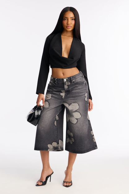 Born To Bloom Wide Leg Culotte Jeans - Black Wash