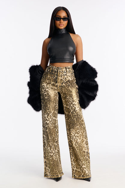 Fierce Passion Leopard Foil Straight Leg Jeans - Gold/combo