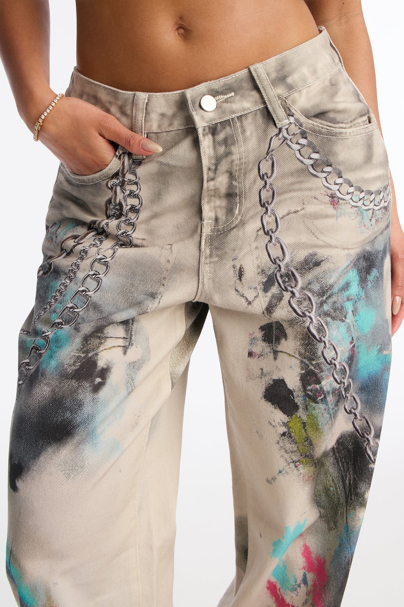 Free For All Printed Loose Jeans - Grey/combo