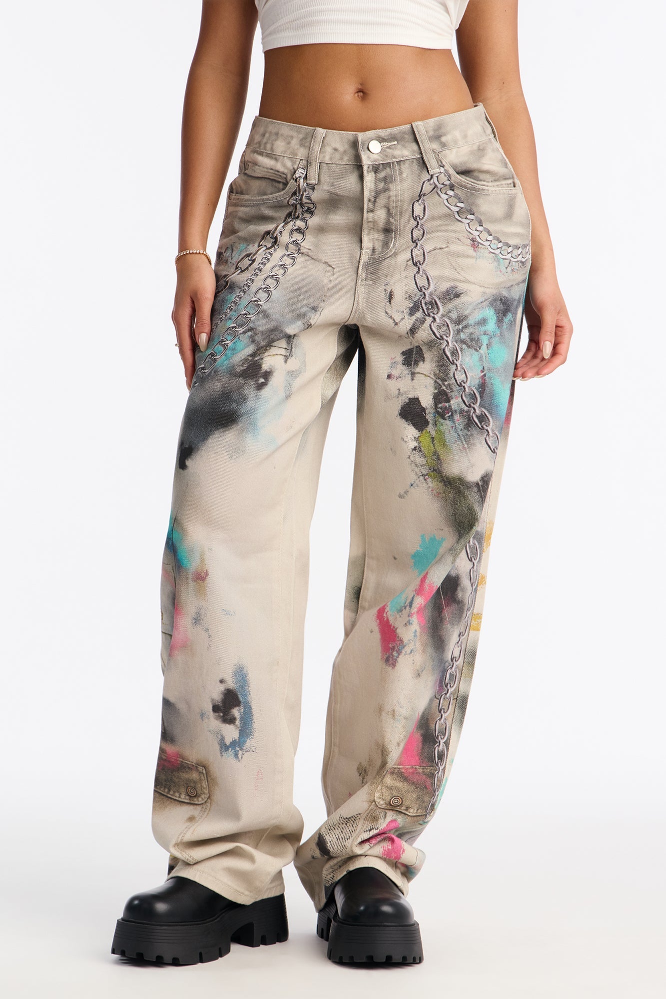 Free For All Printed Loose Jeans - Grey/combo