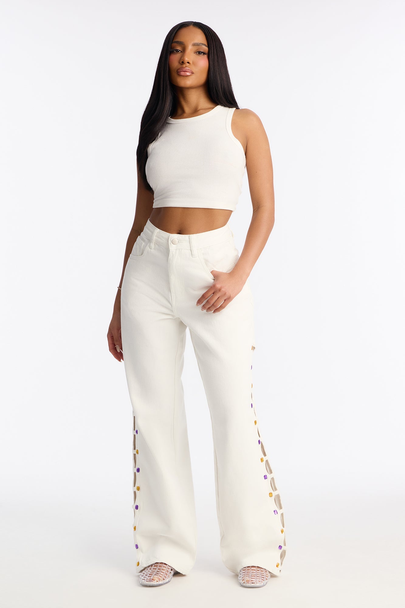 Bejeweled Straight Leg Jeans - White