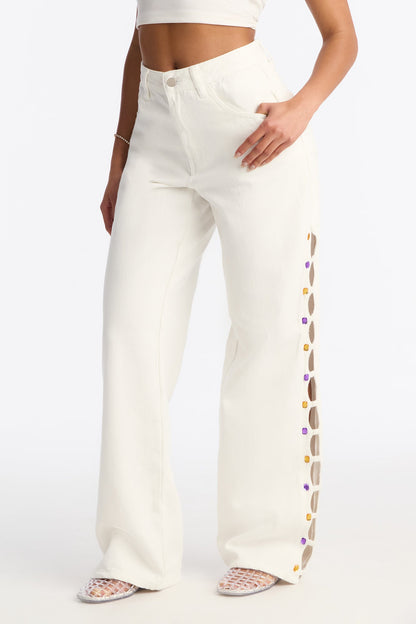 Bejeweled Straight Leg Jeans - White