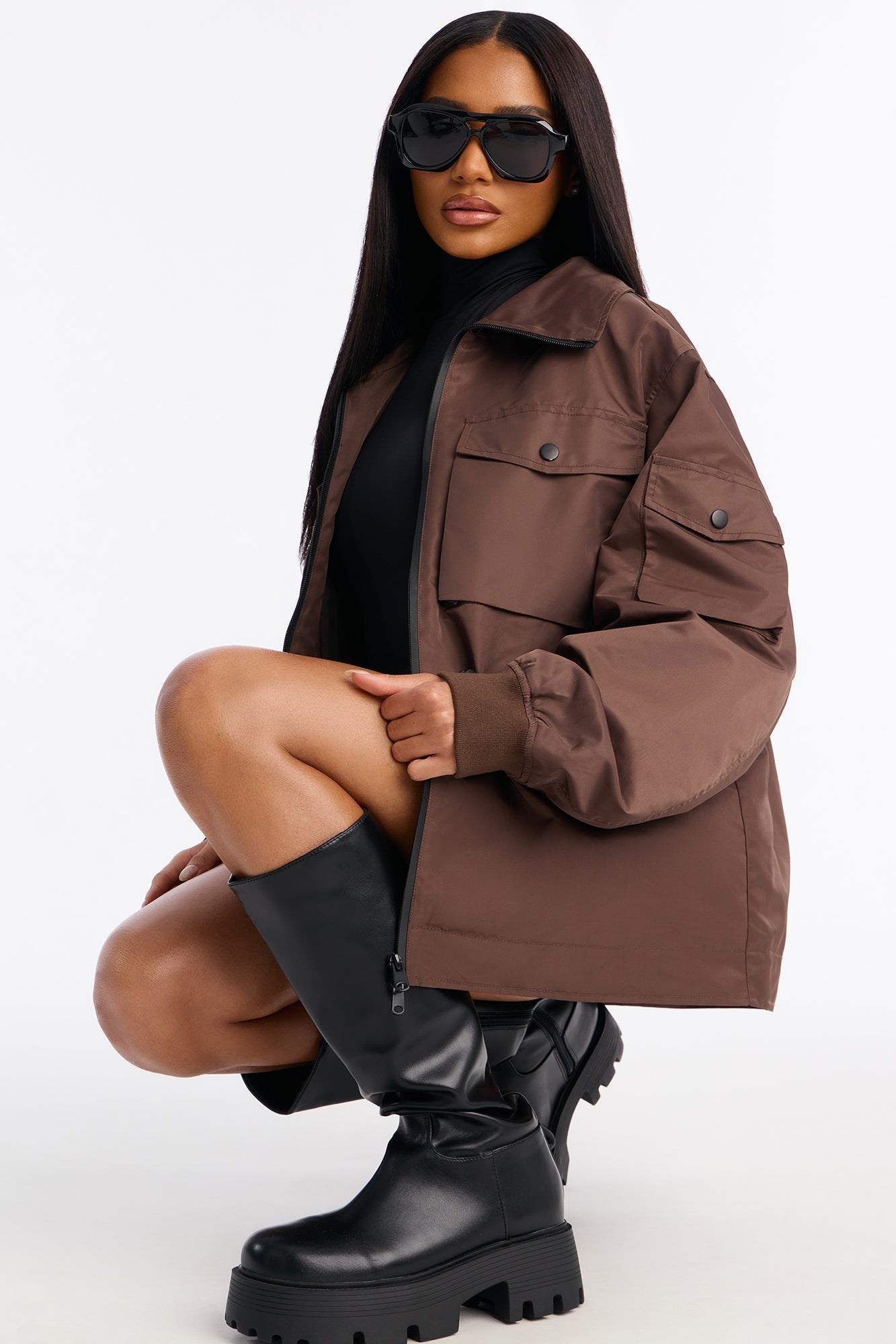 Give Me Space Funnel Neck Utility Jacket - Brown