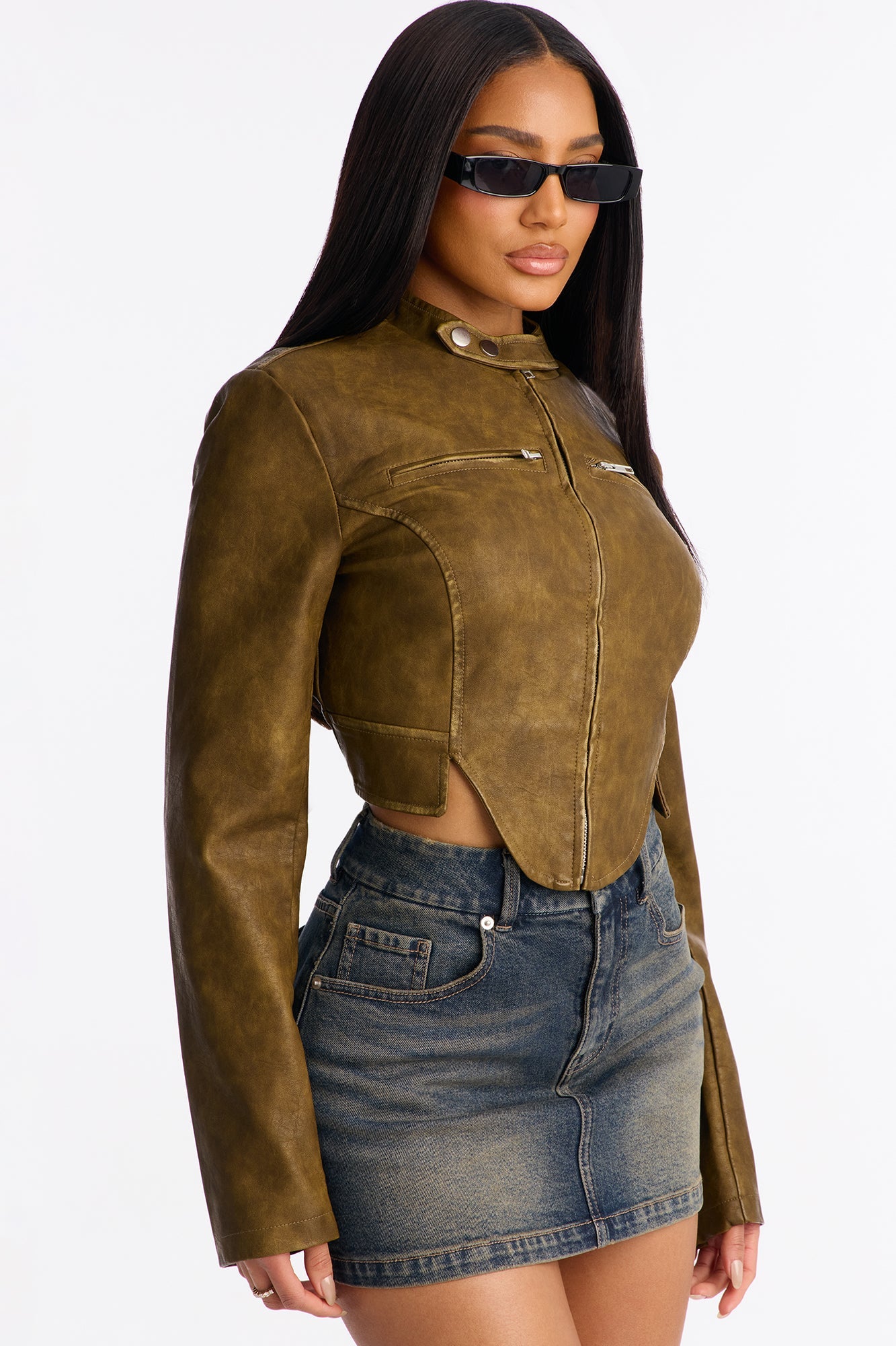 Ines Washed Faux Leather Jacket - Olive