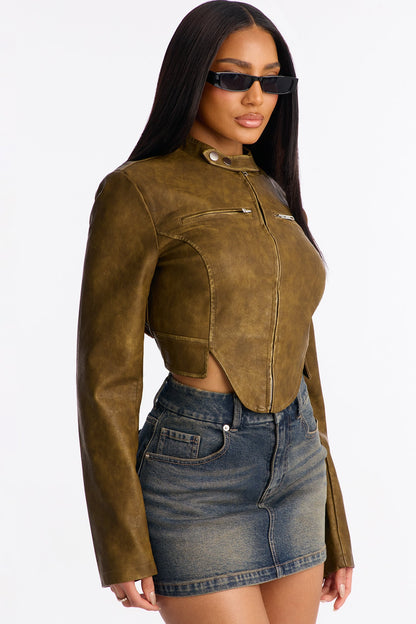 Ines Washed Faux Leather Jacket - Olive