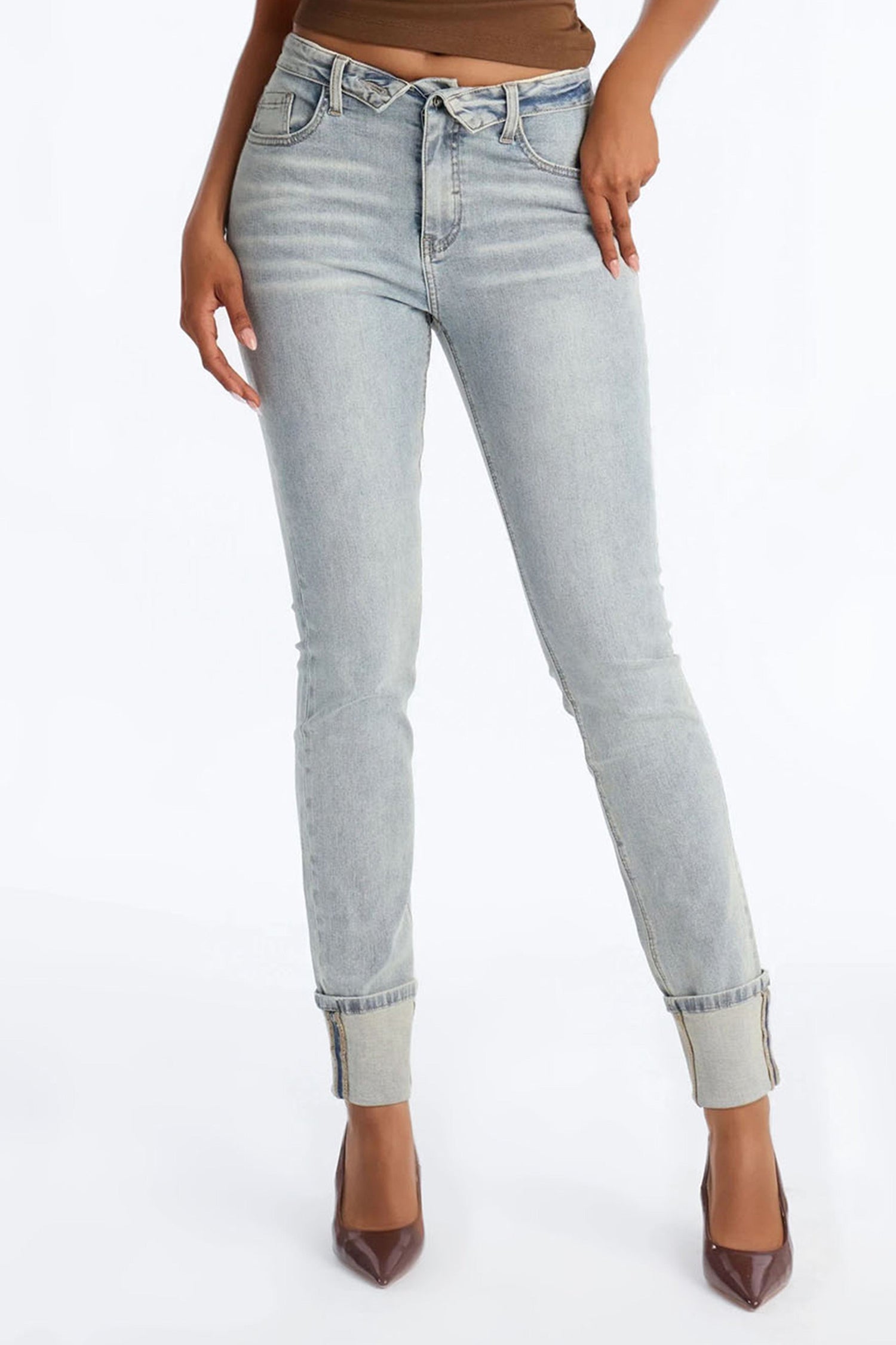 Miami Low Rise Foldover Stacked Stretch Skinny Jeans - Vintage Wash