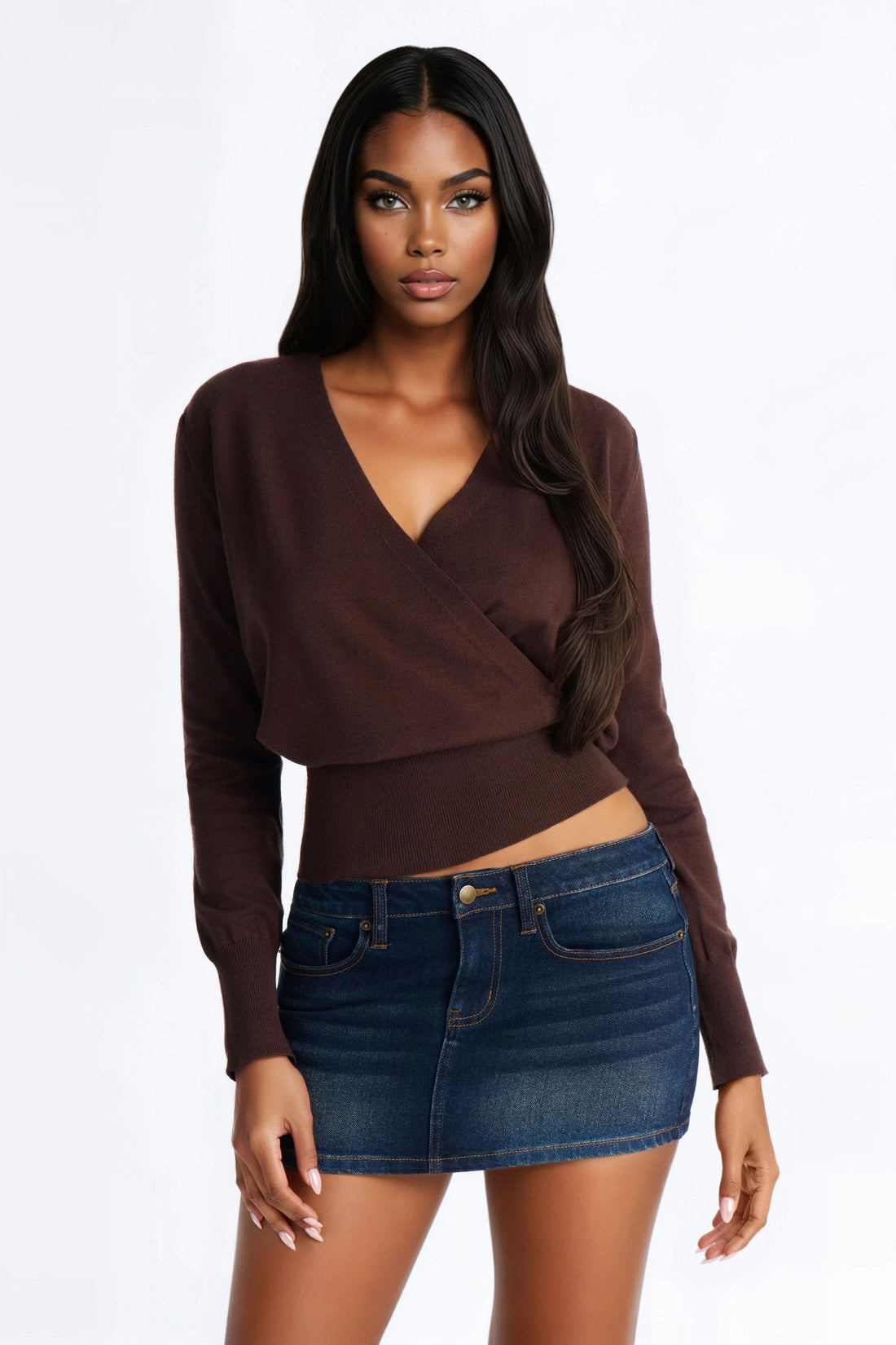 Amelia Shoulder Pads Surplice Sweater Top - Chocolate