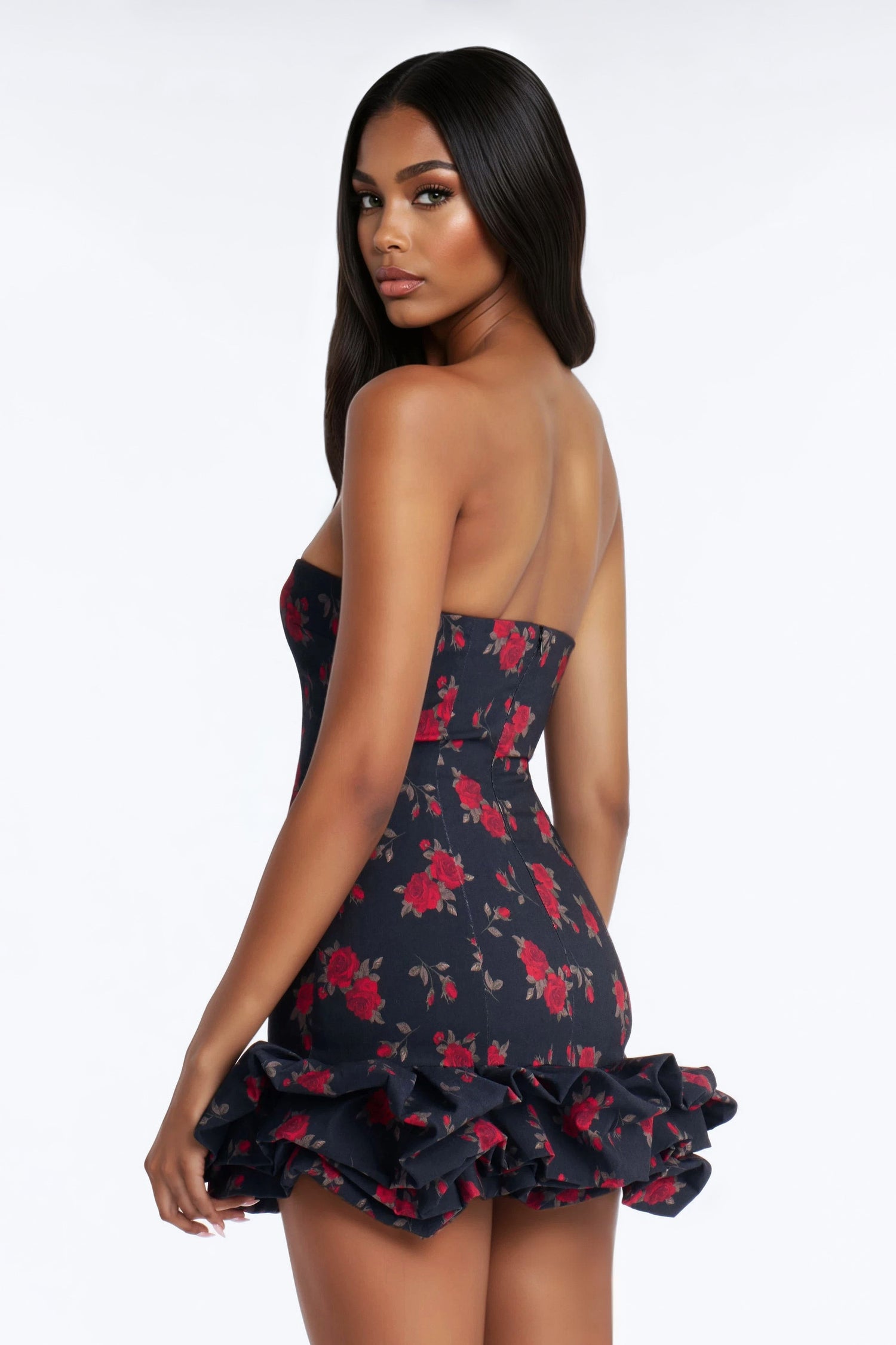 Rosie Bubble Hem Crepe Woven Mini Dress - Black/Red